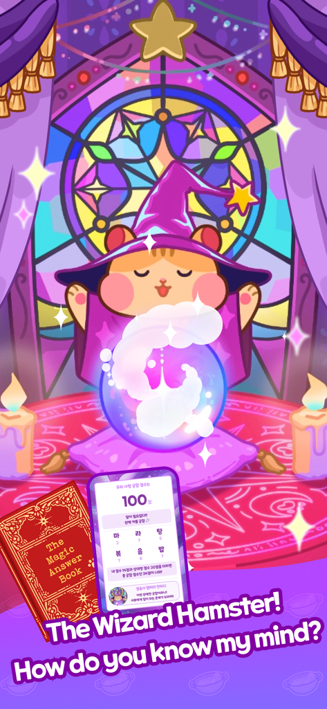 A cute wizard hamster fortune teller with a crystal ball and magic book