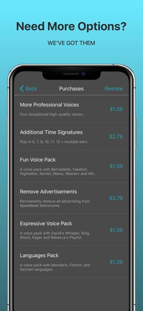 SpeakBeat Metronome - 1 2 3 4 - SpeakBeat Metronome app screen displaying in-app purchase options for voice packs and professional features