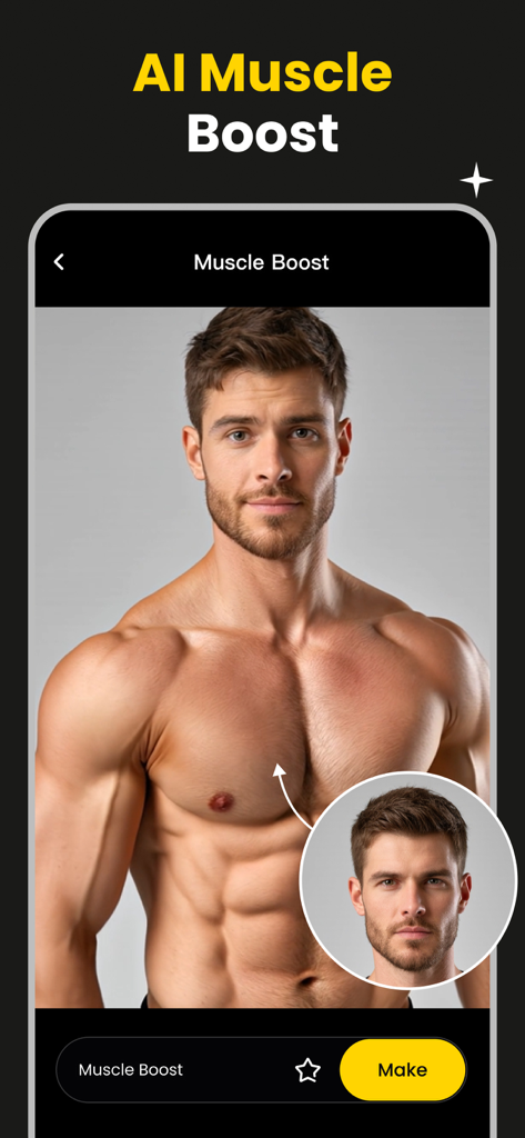 AI Movie Generator - KakaPic - Función AI Muscle Boost en la aplicación KakaPic para la transformación del cuerpo.