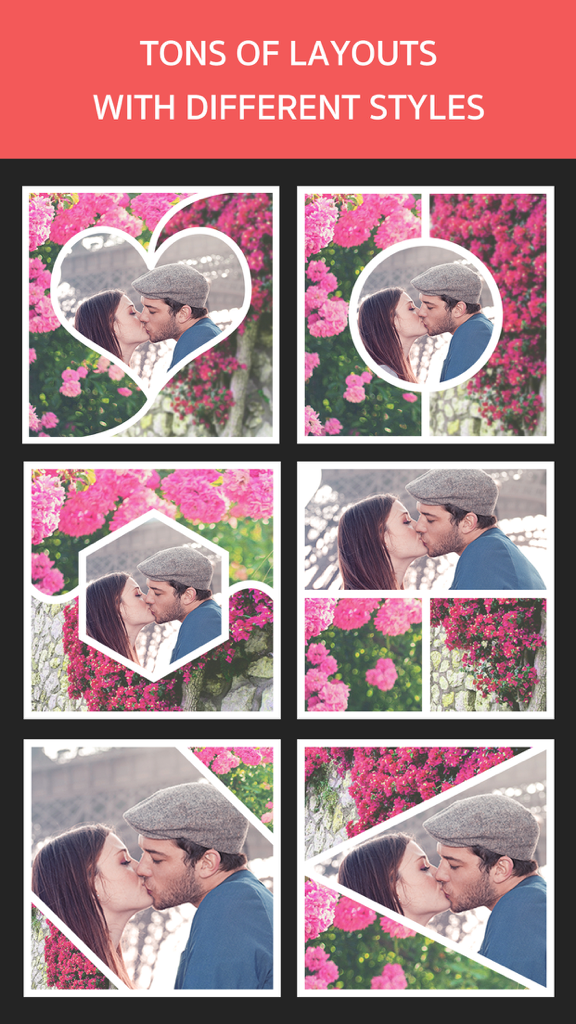 Photo Frame Editor – Pic Collage Maker Free - A collection of photo collage templates featuring different frame shapes like hearts and circles