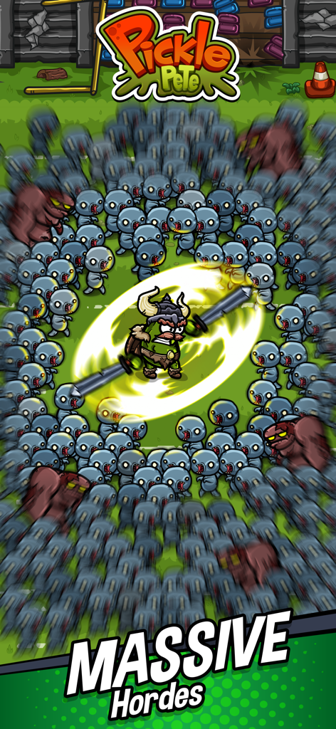 Pickle Pete: Survivor - Pickle Pete character in Viking armor using a spinning sword special move to clear a massive horde of enemies in a top-down arena shooter