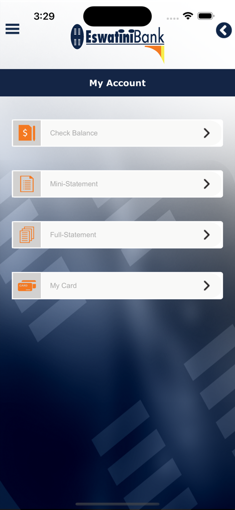 Eswatini Bank mobile app My Account screen displaying options for balance inquiry and statements