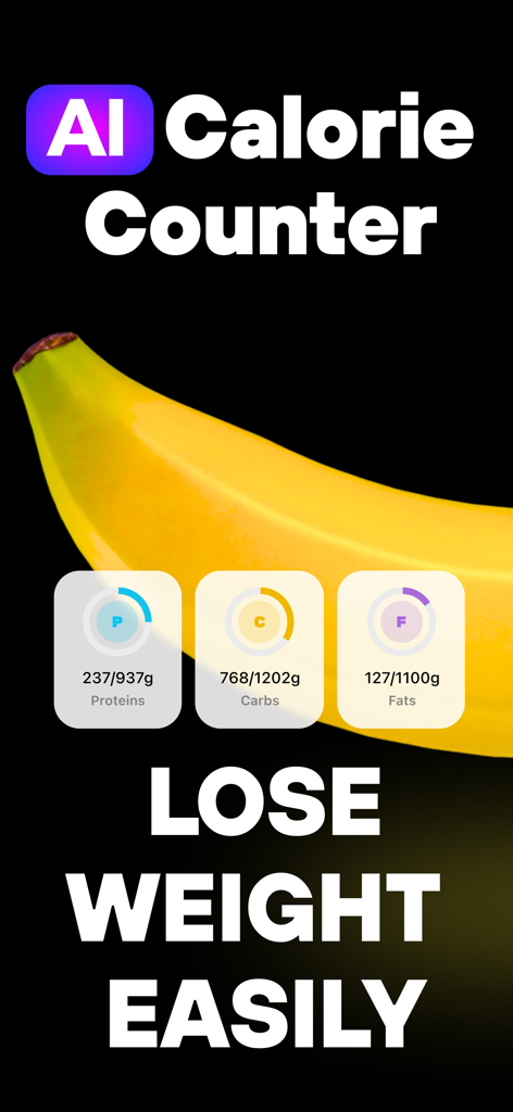 AI Calorie Tracker: SimpliFit - Interfaz del contador de calorías por IA de SimpliFit que muestra los macronutrientes de un plátano.