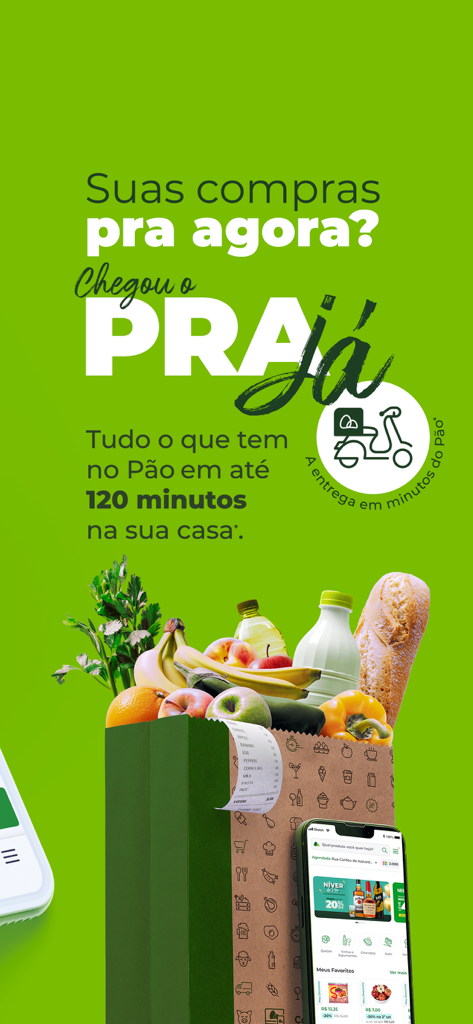 Pão de Açúcar Mais - Promotional image for Pão de Açúcar Mais app showing grocery delivery within 120 minutes and a bag of fresh food