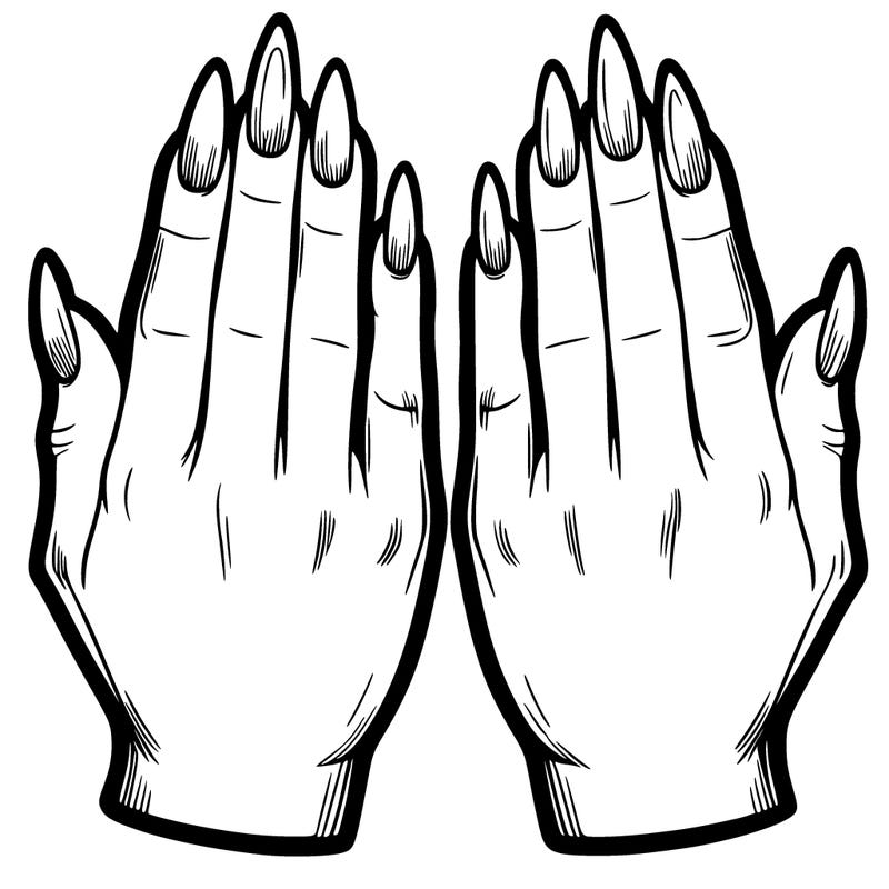 two hands with semi long almond snapped nails