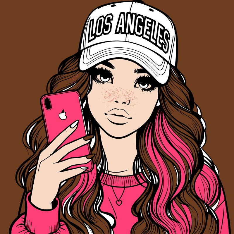 realistic beautiful girl wearing los ángeles cap holding an iphone