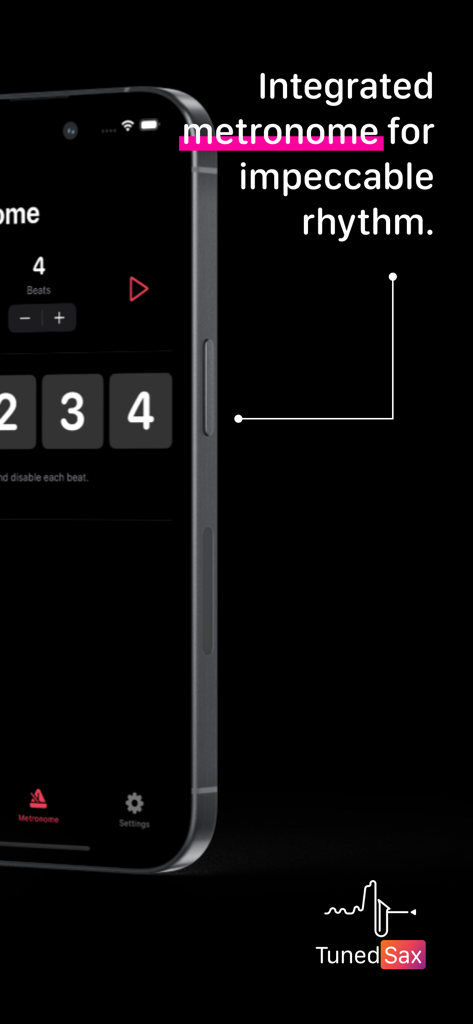 TunedSax: Pro Saxophone Tuner - Integrated metronome interface on the TunedSax saxophone tuner app for iPhone