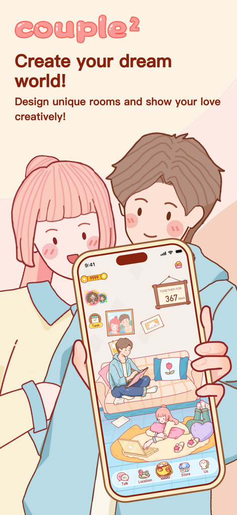 Pareja de dibujos animados diseñando la habitación virtual de sus sueños en la aplicación Couple2