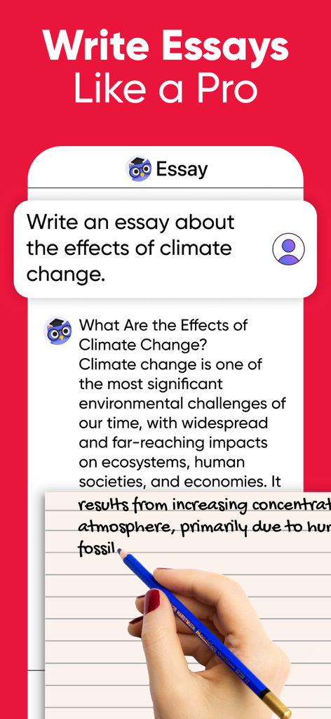 Nerd AI - Math Problem Solver - Interfaz de la aplicación Nerd AI mostrando un ensayo generado por IA sobre el cambio climático con una mano escribiendo en un bloc de notas en primer plano.
