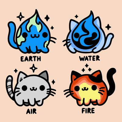 4 cats that represent the different elements, earth, water, air, and fire