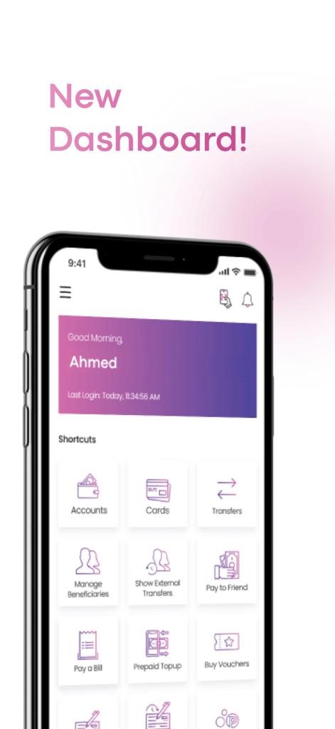 Bank of Palestine - Interfaz de la aplicación móvil de Bank of Palestine que muestra el nuevo panel de control con accesos directos a cuentas y transferencias