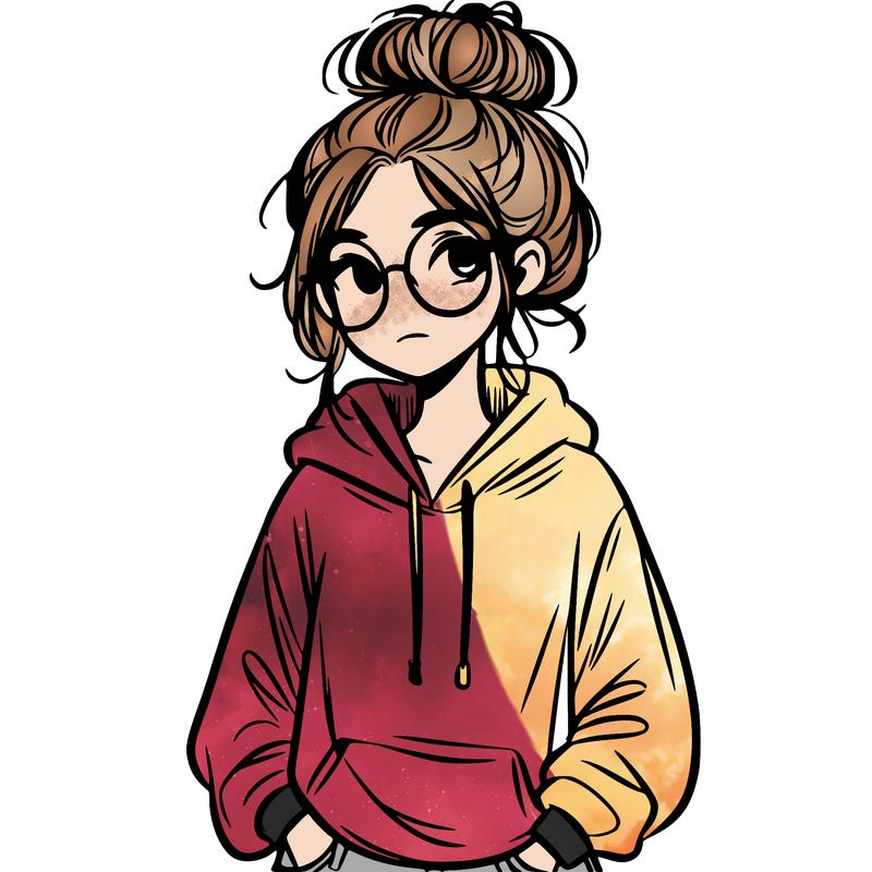 teen girl with a messy bun and glasses wearing a loose hoodie and jeans