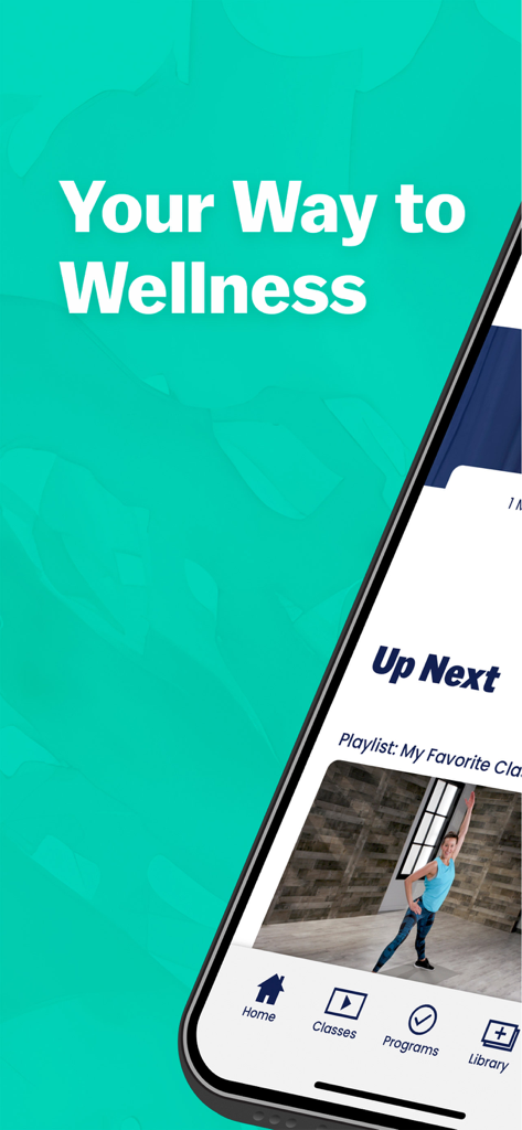 Wellbeats Wellness mobile app home screen with a fitness class preview and the headline Your Way to Wellness