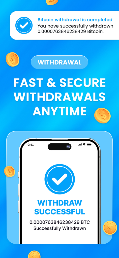 Giga Miner: Bitcoin Mining - A mobile screen showing a successful Bitcoin withdrawal confirmation in the Giga Miner app.