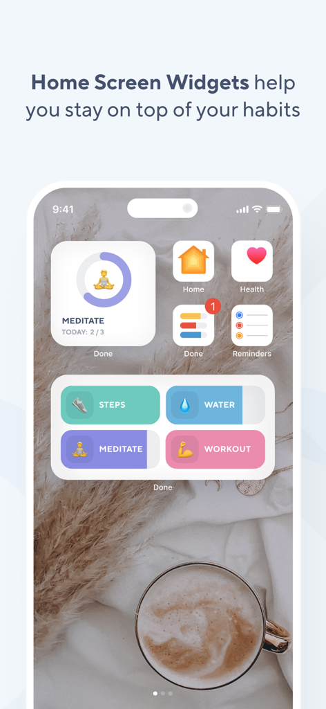 Do Habits: Get It Done - iPhone home screen displaying colorful habit tracking widgets for meditation, steps, water, and workouts from the Do Habits app.