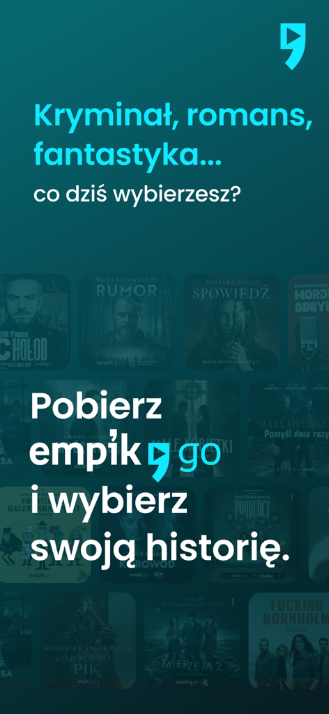 Empik Go app promotional screen showcasing various book genres and Polish audiobooks