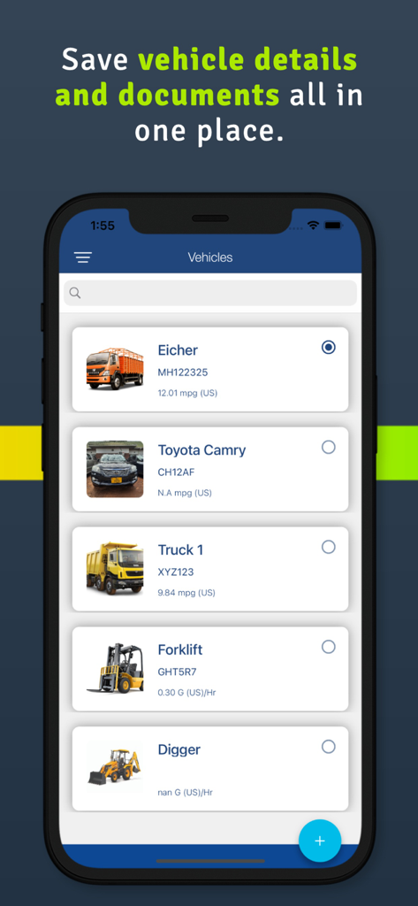 Interfaccia dell'app Simply Fleet che mostra un elenco di veicoli tra cui camion, auto e attrezzature pesanti per la gestione della flotta.
