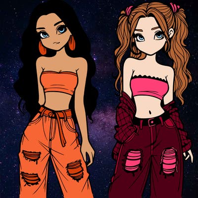 2 girls in crop tops and baggy jeans ripped
