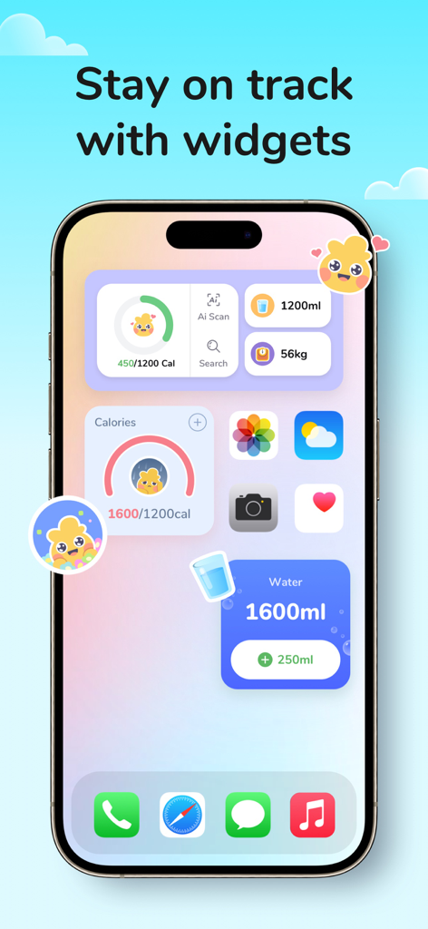 Widgets de la aplicación de pérdida de peso Tada en la pantalla de inicio de un iPhone que rastrean calorías diarias y la ingesta de agua.