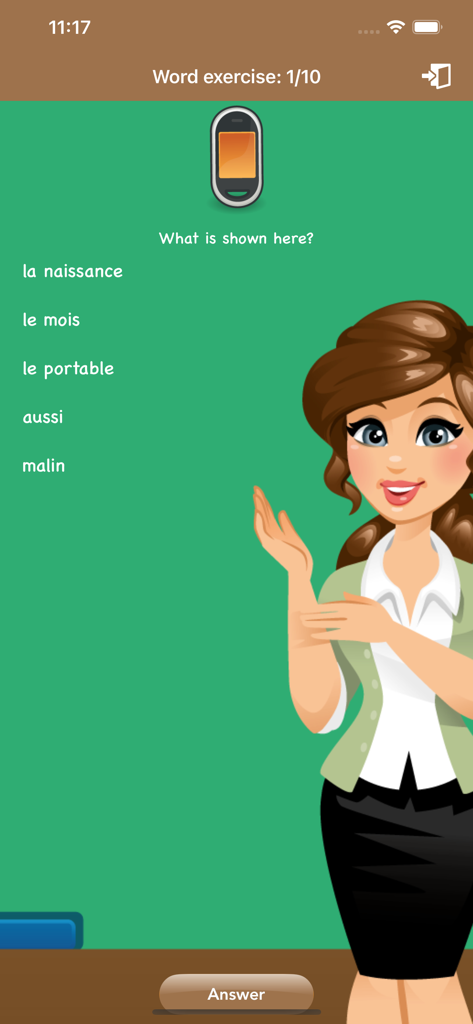 French Class - A vocabulary exercise in the French Class app asking the user to identify a mobile phone with multiple choice options in French.