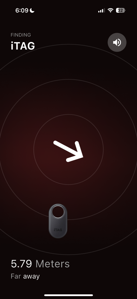 iTag - iTag app radar screen showing a direction arrow and a distance of 5.79 meters to a tracked item.