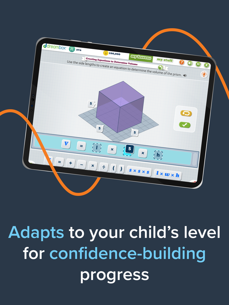 DreamBox Math - Lección interactiva de volumen de DreamBox Math en un iPad
