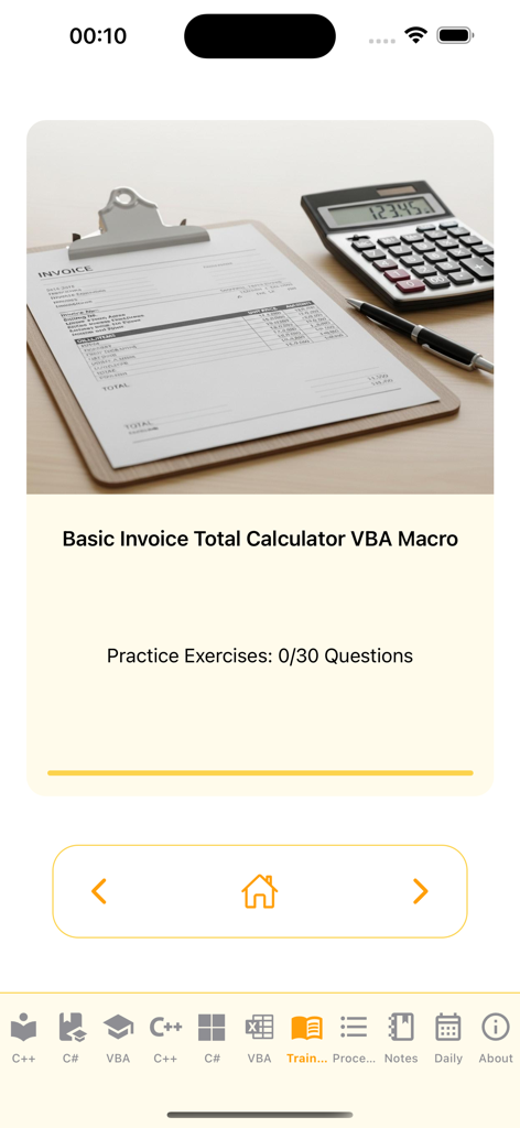 MSDev Academy - Ein Übungsbildschirm in der MSDev Academy App zum Erstellen eines einfachen Rechnungsgesamt-Rechners mit VBA