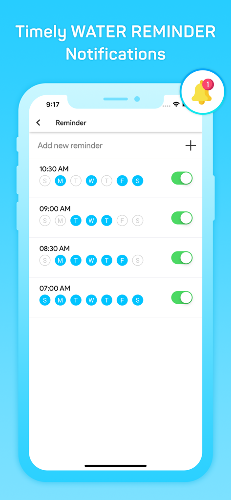 Daily Reminder + Water Tracker - Mobile app screen for scheduling daily water intake reminders and notifications.