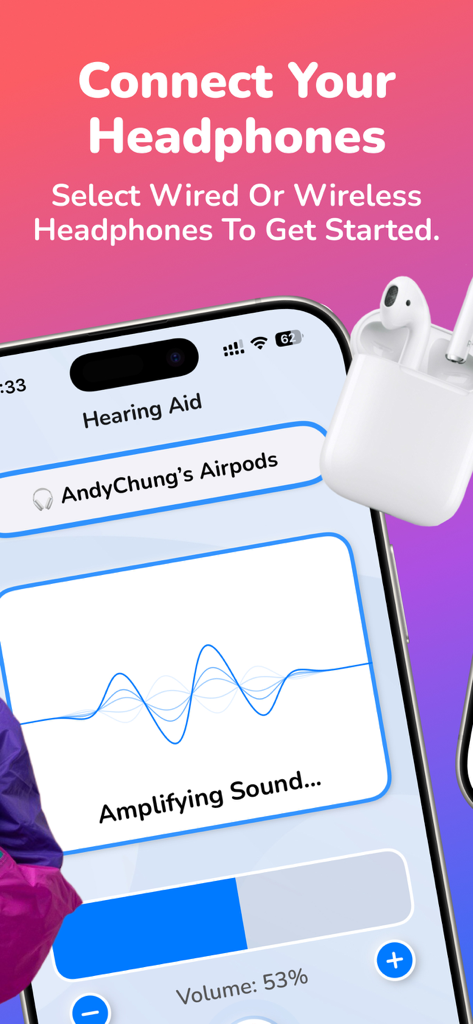 Interface of Hearing Aid app showing headphone connection and sound amplification levels