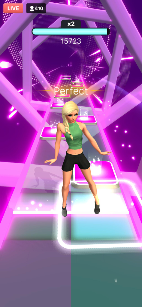 Tap Tap Dancefloor! - 탭 탭 댄스 플로어의 게임 플레이 스크린샷으로, 빛나는 네온 무대에서 3D 캐릭터가 '완벽' 히트 메시지를 보여줍니다.