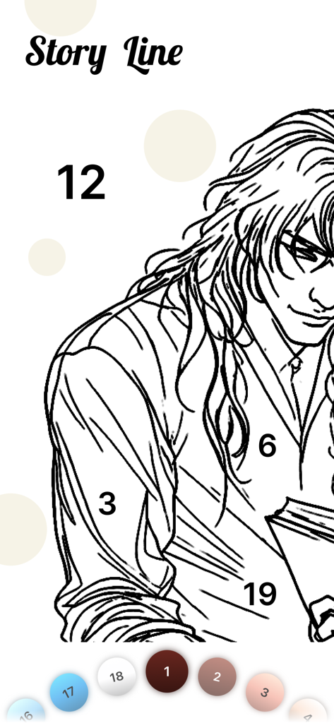 Fun Color - Color by Number - A color-by-number coloring page featuring a manga-style man with long hair holding a book under the Story Line category.