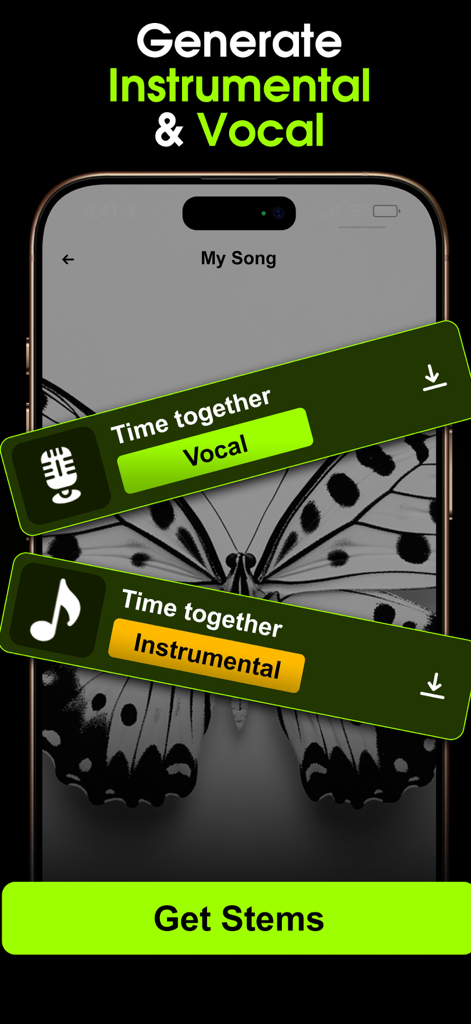 Zuka AI app interface displaying instrumental and vocal stem generation for custom music