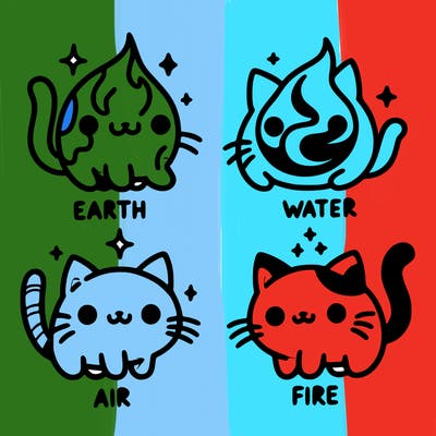 4 cats that represent the different elements, earth, water, air, and fire