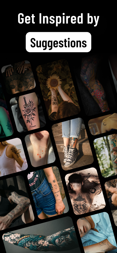 Tattoo AI Design Creator: Traz - 様々な体の部位にインスピレーションを与える多様なタトゥーデザインのギャラリー。