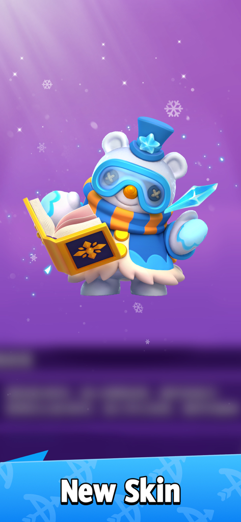 Archero - Personaje de Archero vistiendo una nueva skin de oso polar invernal y sosteniendo un libro mágico