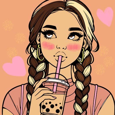 realistic girl with braided hair drinking boba