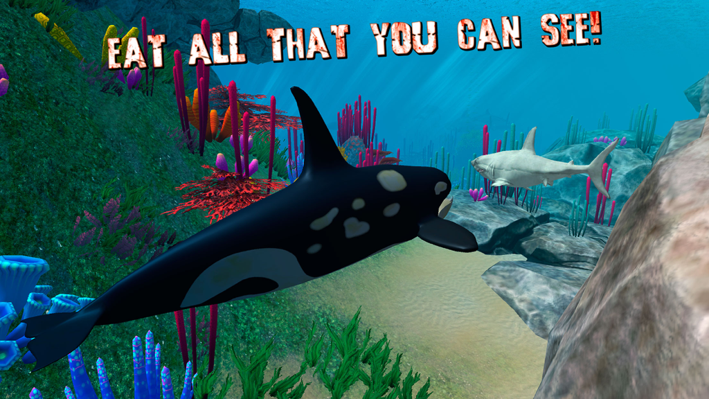 Gameplay screenshot of an orca swimming underwater near a shark with the text Eat all that you can see