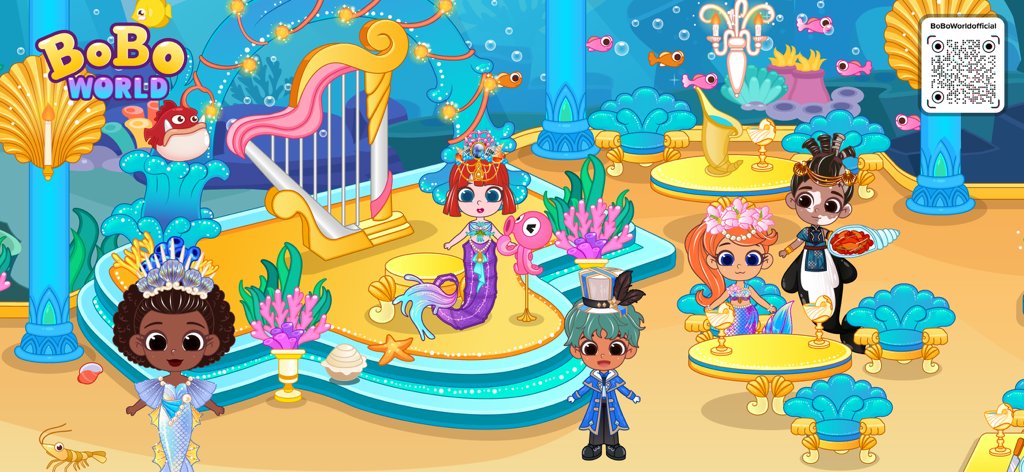 BoBo World: The Little Mermaid - BoBo World The Little Mermaidアプリの、カラフルな海中宮殿にいるアニメーションの人魚のキャラクター。