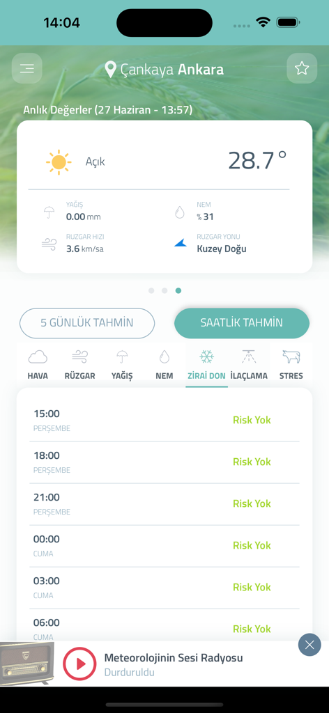 Tarımsal Hava Tahmini - Agricultural weather forecast app interface displaying current temperature and frost risk assessment
