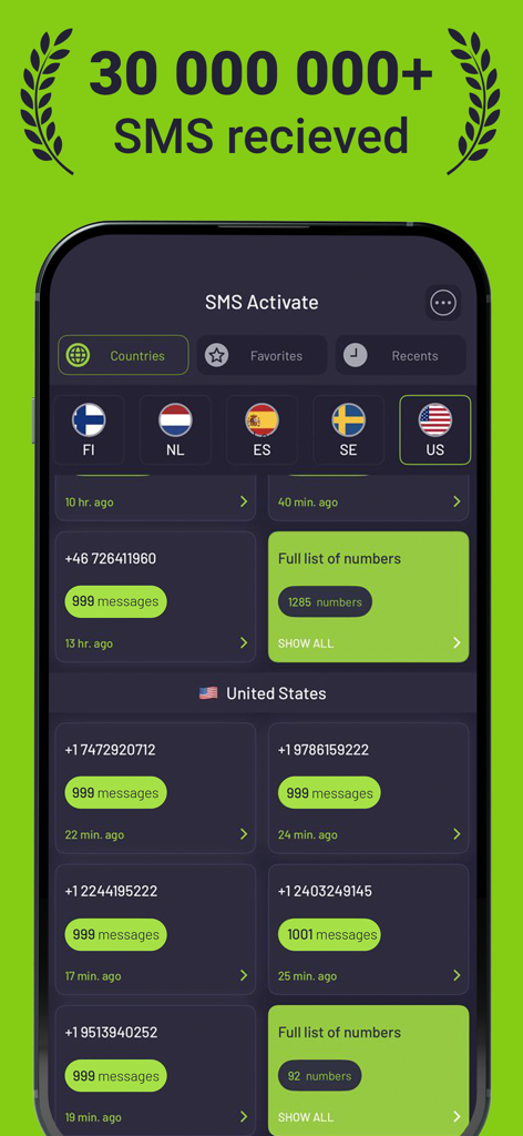 Interface of 2nd Text app showing a list of virtual phone numbers for the United States and international SMS activation.