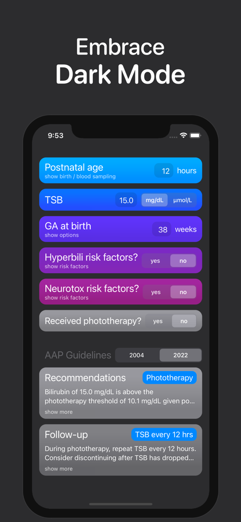 Bilirubin: Bilitool Bili Tool - Bilitool medical app interface in dark mode showing bilirubin assessment tools