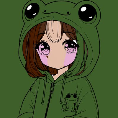 cute realistic girl in a froggy hoodie