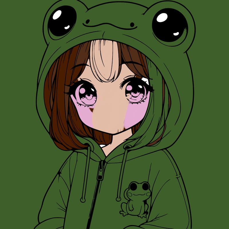 cute realistic girl in a froggy hoodie