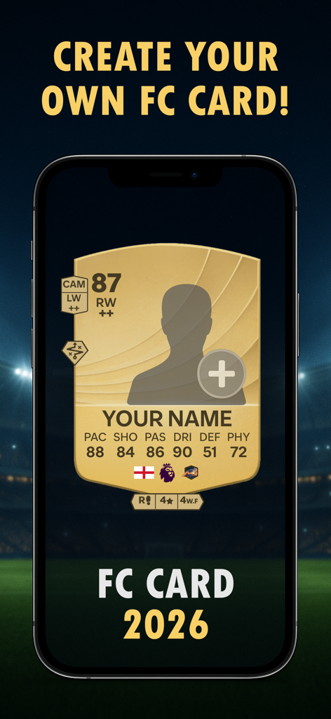 FC Card Creator - Interface de aplicativo móvel mostrando um card de jogador de futebol dourado personalizável com espaço para foto e estatísticas