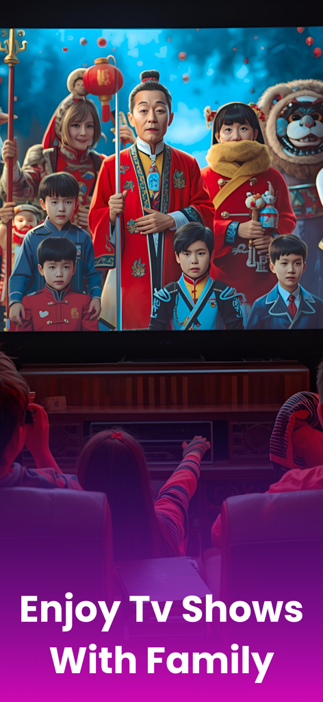 L0kLok Online Tv Drama, Movies - A family watching an Asian drama on a large TV screen using the L0kLok app