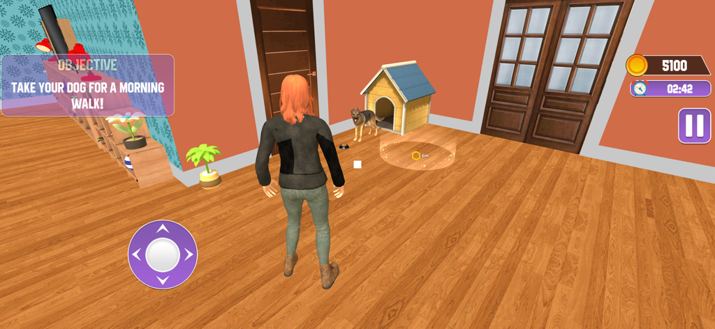 Mom Baby Care Mother Simulator - A character in Mom Baby Care Mother Simulator standing near a doghouse inside a home with the objective to take the dog for a morning walk