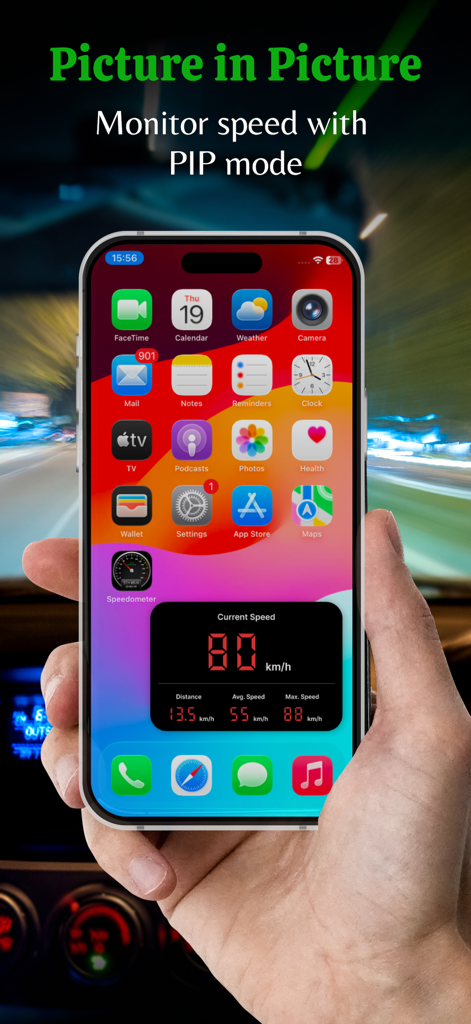 GPS Speedometer app showing speed monitoring in Picture in Picture mode on an iPhone