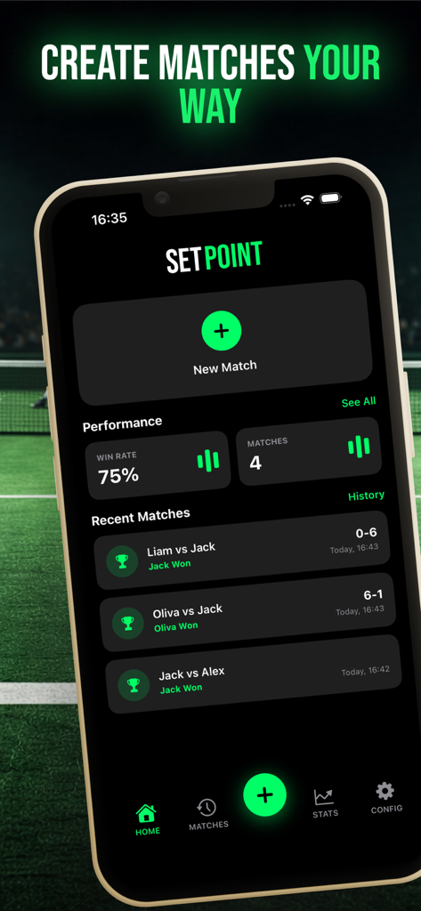 Panel de la app rastreadora de tenis SetPoint que muestra tasas de victorias y el historial de partidos recientes en una interfaz de tema oscuro