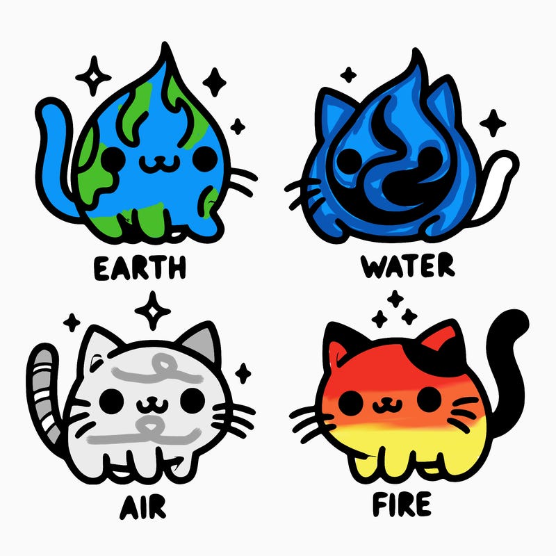 4 cats that represent the different elements, earth, water, air, and fire