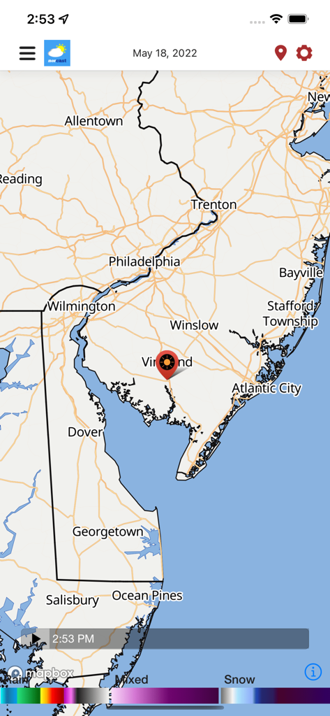 Interactive weather map showing South Jersey and Philadelphia regions in the NorCast Weather app